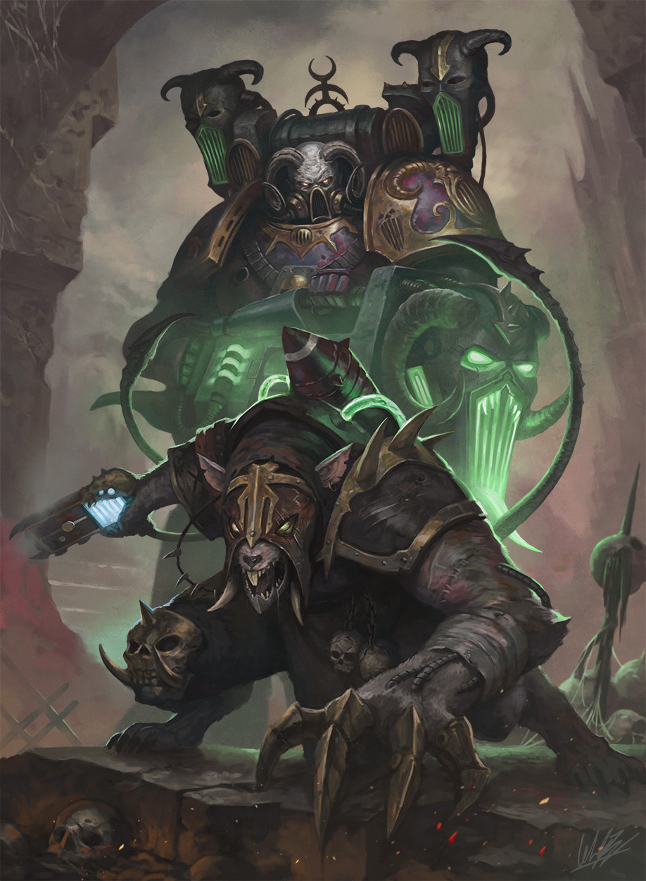 1boy, 1other, adeptus_astartes, armor, bald, chaos_(warhammer), chaos_space_marine, claws, commission, company_connection, emperor's_children, english_commentary, fangs, fantasy, fingernails, full_body, gas_mask, glowing, glowing_eyes, green_eyes, grey_sky, gun, heavy_bolter, highres, holding, holding_gun, holding_weapon, horns, kheljay, khorne, looking_at_viewer, mask, noise_marines, open_mouth, orange_eyes, outdoors, pauldrons, plasma_pistol, science_fiction, sharp_fingernails, sharp_teeth, shoulder_armor, skaven, skull, sky, slaanesh, space_marine, spikes, standing, teeth, warhammer_40k, warhammer_fantasy, weapon
