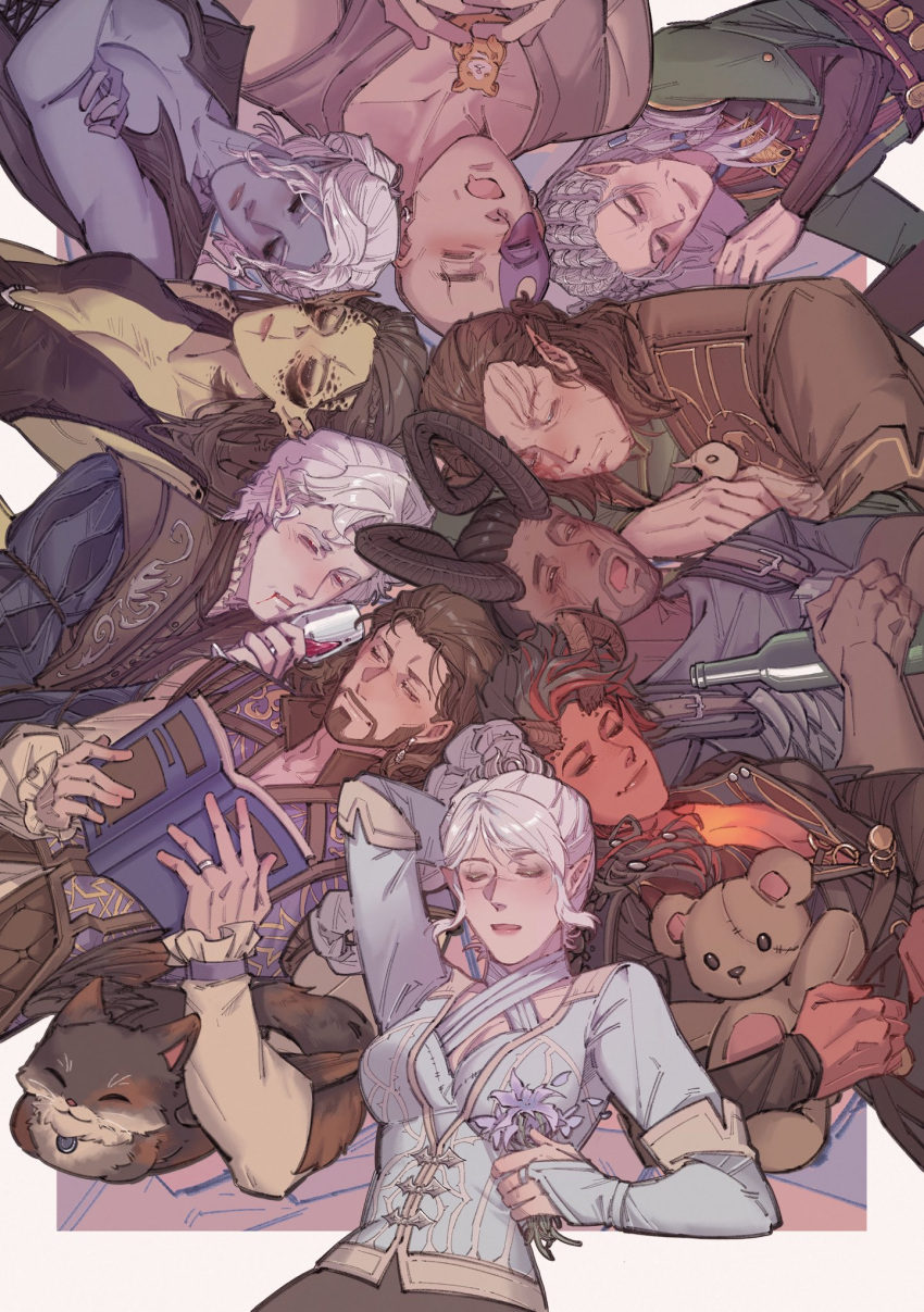 5boys, 5girls, arm_behind_head, astarion, baldur's_gate, baldur's_gate_3, boo_(baldur's_gate), border