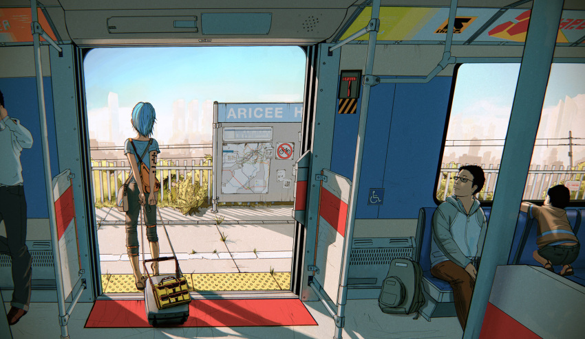1girl, 3boys, arm_tattoo, black_hair, blue_hair, blue_shirt, blue_sky, cable