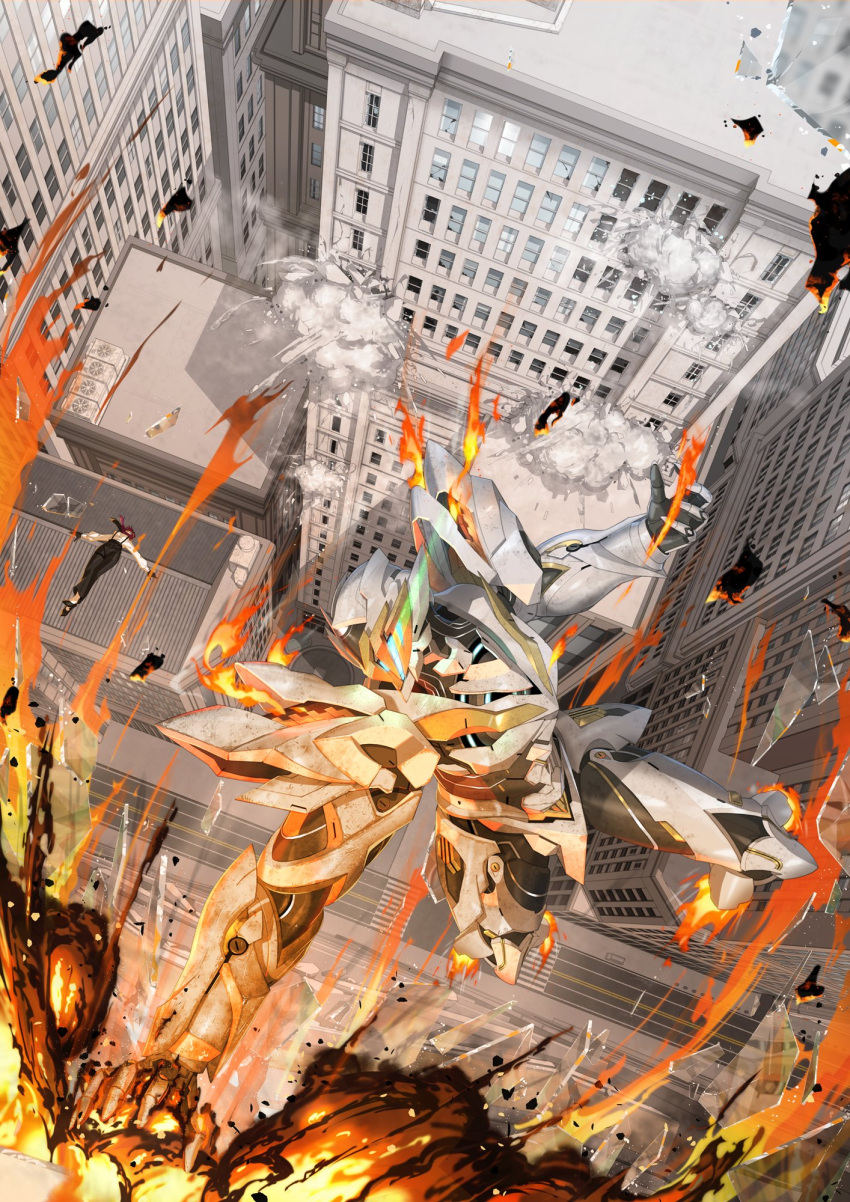 1girl, 1other, armor, breastplate, city, explosion, flying, gloves