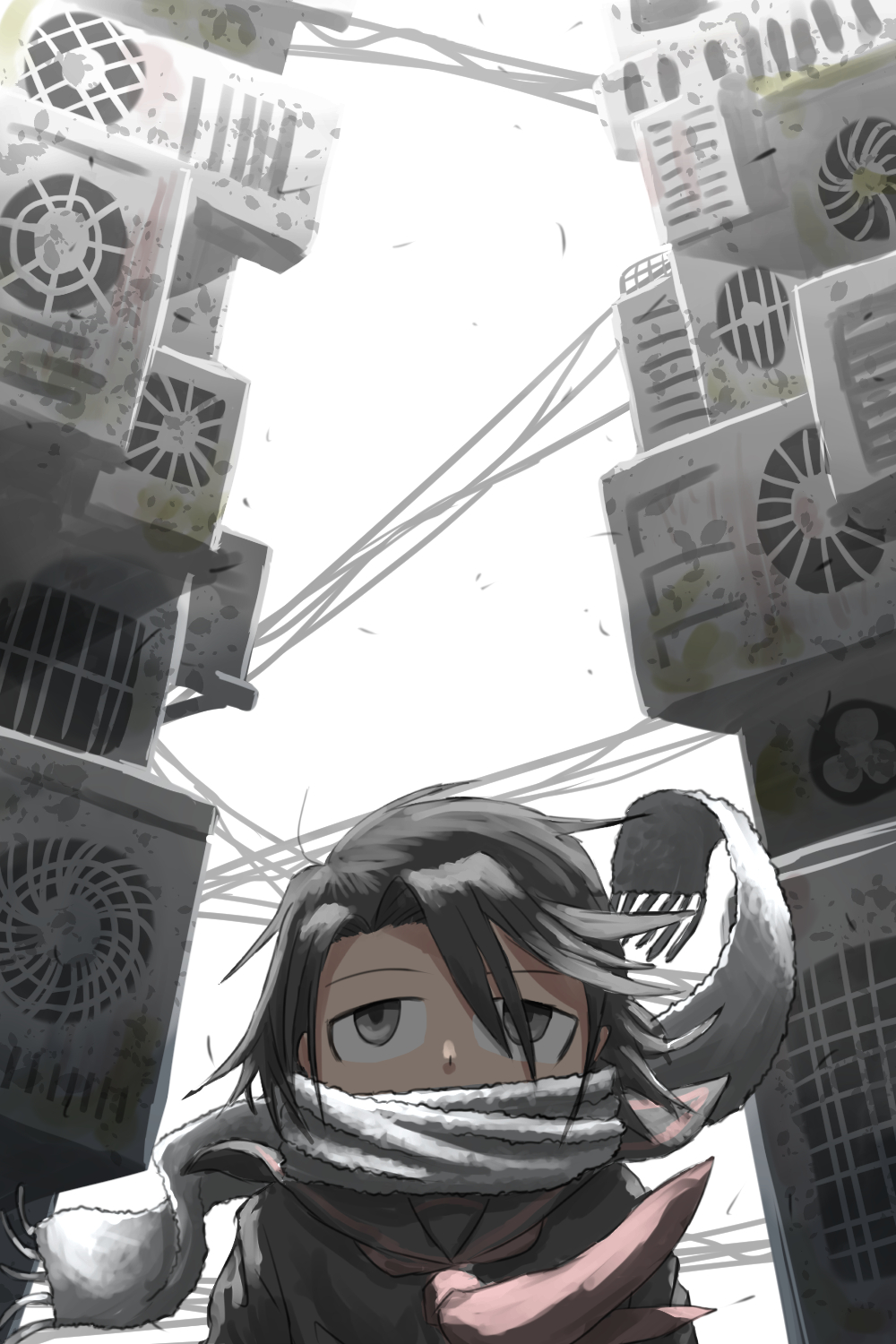 1girl, air_conditioner, backlighting, black_hair, black_sailor_collar, black_shirt, building, condenser_unit