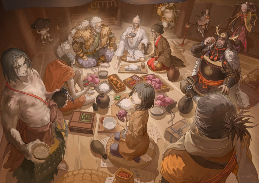 alcohol, armor, ashina_genichirou, ashina_isshin, brown_kimono, coat, divine_child_of_rejuvenation, emma_the_gentle_blade