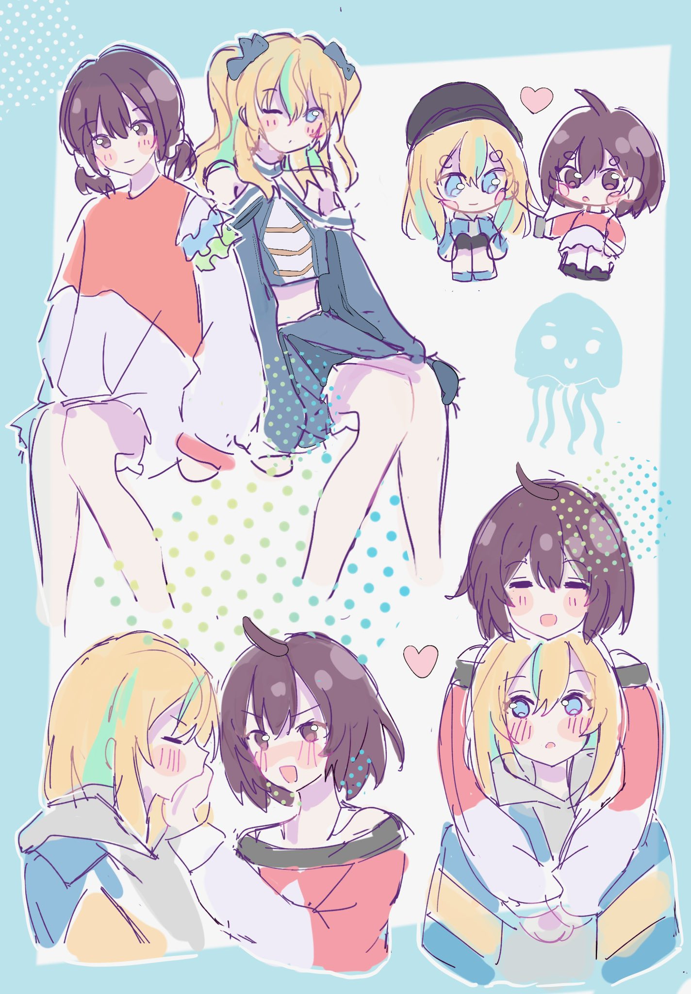2girls, ahoge, black_beanie, blonde_hair, blue_eyes, blue_jacket, blush, brown_eyes
