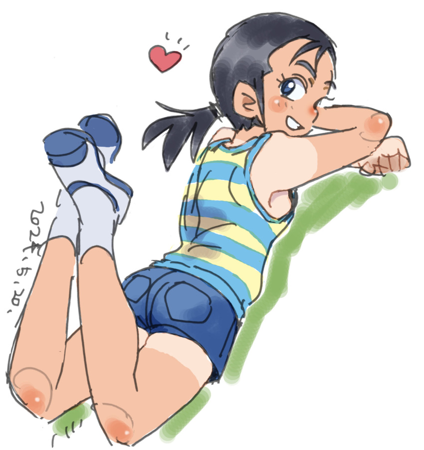 1girl, adaniya_tsubura, blue_eyes, blue_tank_top, dated, denim, denim_shorts, fussan_senryobako