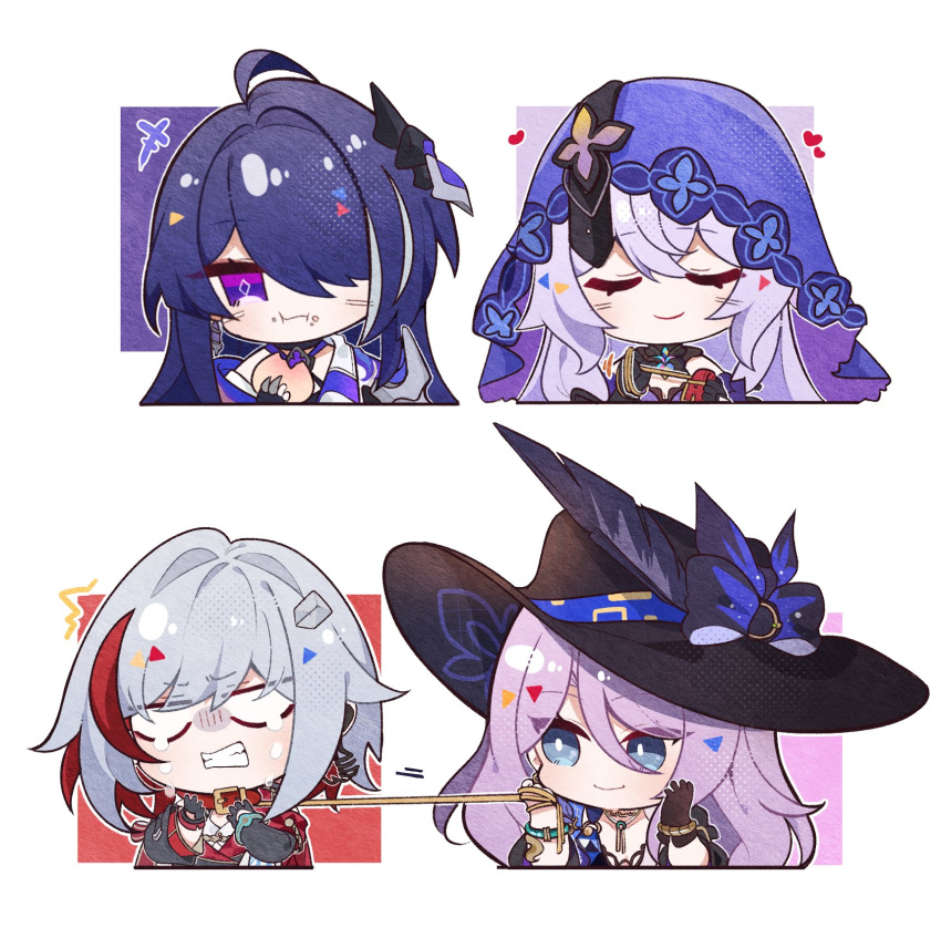 4girls, acheron_(honkai:_star_rail), black_choker, black_gloves, black_swan_(honkai:_star_rail), cheschorv, chibi, chibi_only