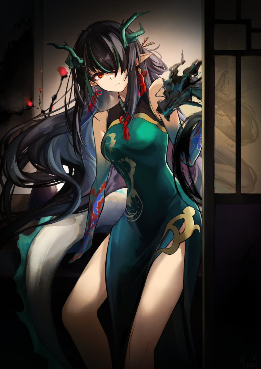 1girl, arknights, black_hair, china_dress, chinese_clothes, dragon_girl, dragon_horns, dragon_tail, dress, dusk_(arknights), dusk_(everything_is_a_miracle)_(arknights), earrings, fiery_tail, gradient_skin, green_dress, green_horns, highres, horns, jewelry, long_hair, multicolored_hair, pointy_ears, red_eyes, shengyuan_03, sleeveless, sleeveless_dress, solo, streaked_hair, tail, tassel, tassel_earrings