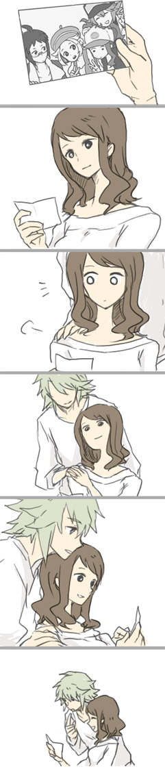 2boys, 2girls, ahoge, alternate_costume, alternate_hairstyle, antenna_hair, artist_request, bare_shoulders, baseball_cap, bel_(pokemon), bell_(pokemon), blazer, brown_eyes, brown_hair, cheren_(pokemon), closed_eyes, comic, couple, glasses, green_eyes, green_hair, group, hat, high_ponytail, long_hair, male, maruo_(ciao15), multiple_boys, multiple_girls, muted_color, n_(pokemon), no_hat, open_mouth, photo_(object), pokemon, pokemon_(game), pokemon_black_and_white, pokemon_bw, ponytail, short_hair, silent_comic, smile, touko_(pokemon), v, vest
