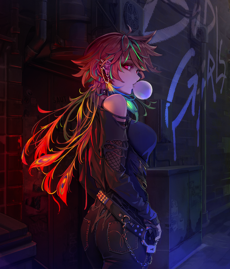 1girl, alley, alternate_costume, alternate_eye_color, alternate_hairstyle, ass, belt, black_belt