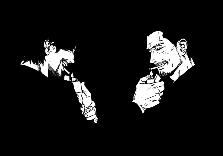 2boys, beard_stubble, black_theme, character_request, check_character, cropped_head, facial_hair, from_side