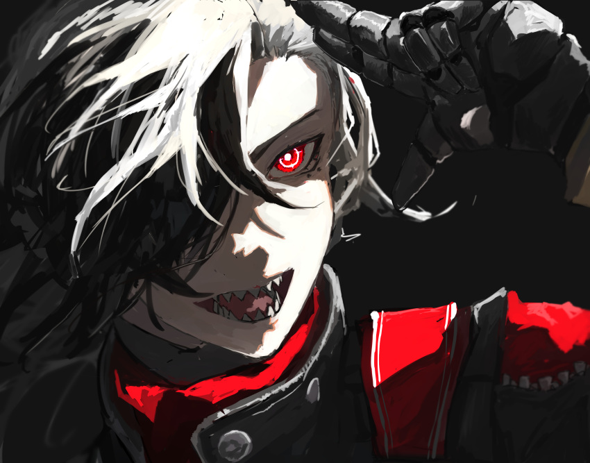 1boy, absurdres, black_background, black_hair, black_jacket, boothill_(honkai:_star_rail), bright_pupils, commentary