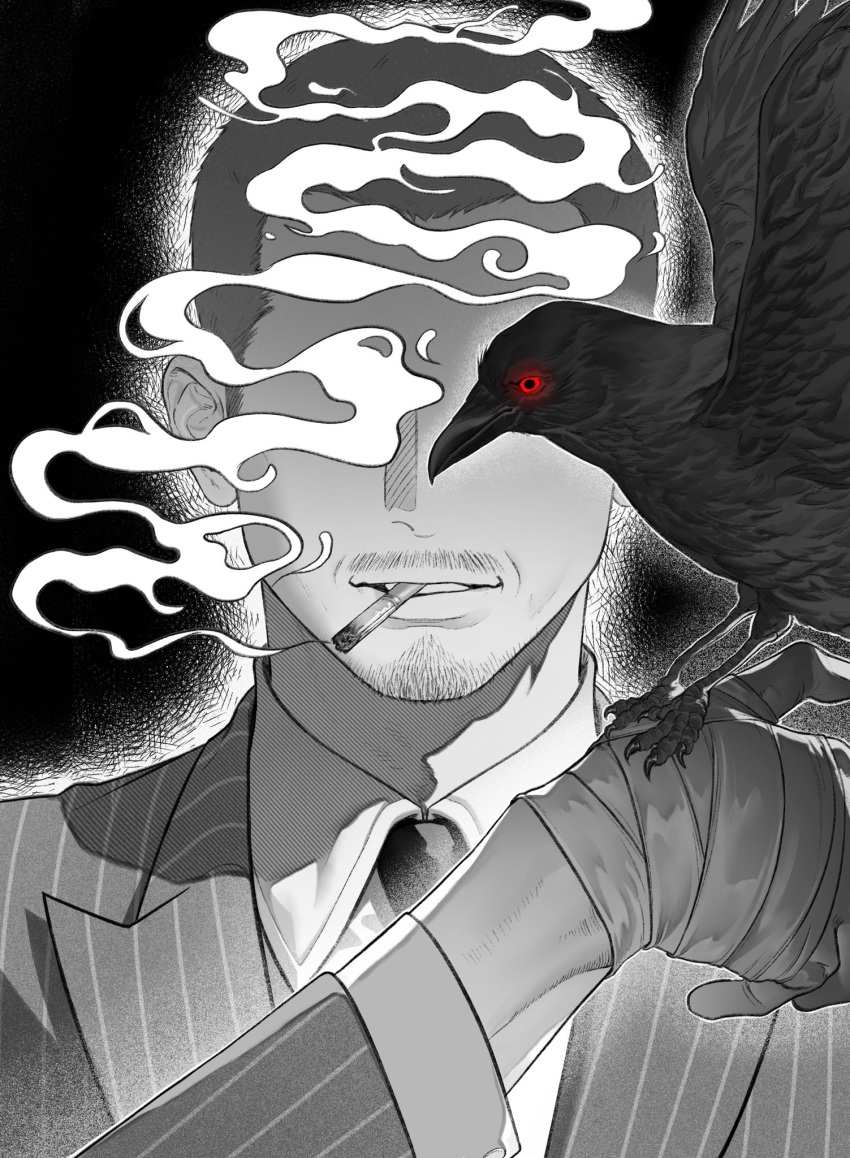 1boy, animal, bird, bird_on_hand, black_bird, buzz_cut, character_request, cigarette, crow, facial_hair, facial_mark, glowing, glowing_eye, goatee_stubble, greyscale, hand_up, highres, male_focus, monochrome, mustache_stubble, one_eye_covered, portrait, red_eyes, ryuu_ga_gotoku_(series), sagamajiyes, short_hair, smoke, smoking, solo, spot_color, striped_suit, stubble, suit, very_short_hair