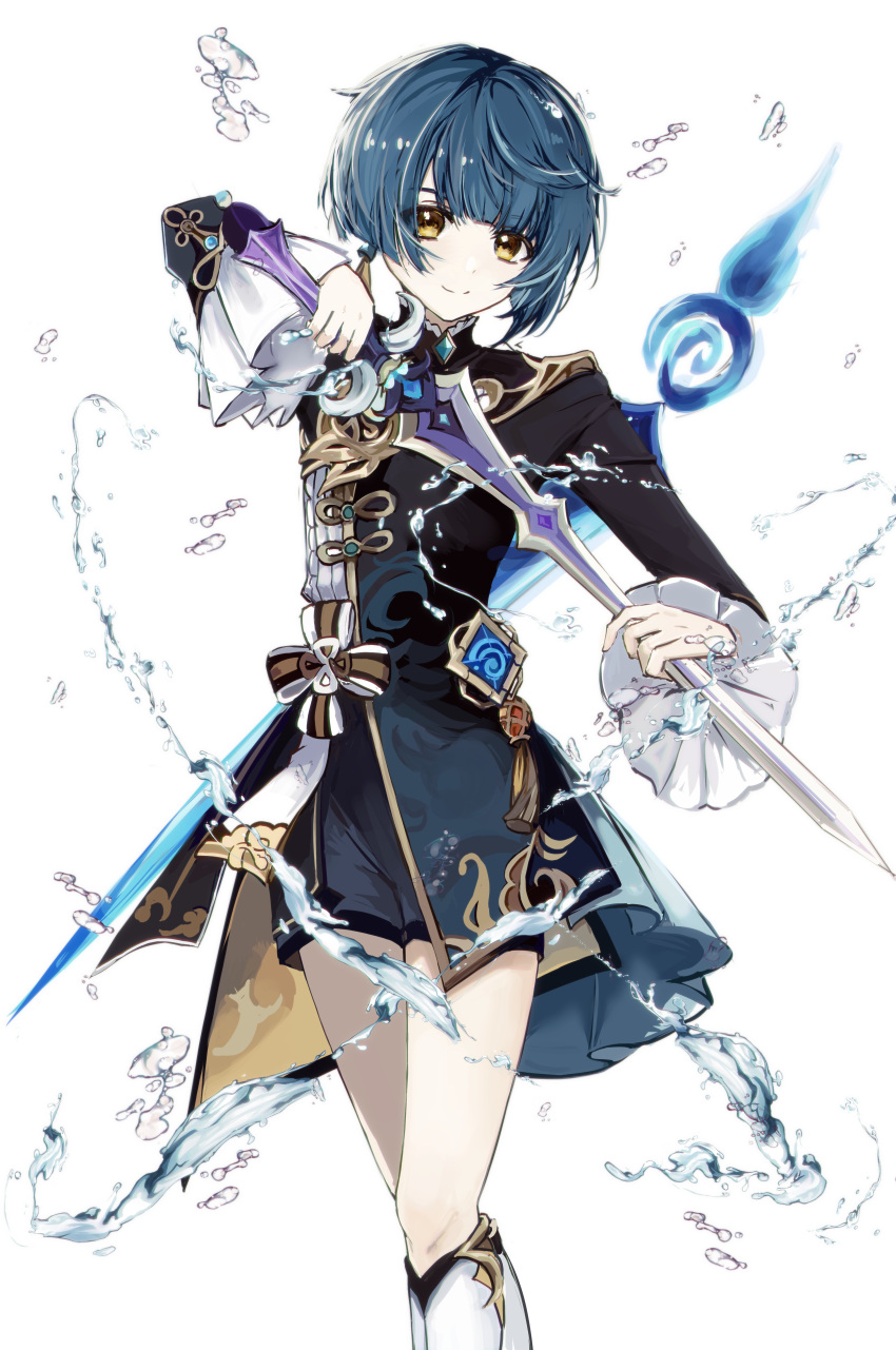 1boy, absurdres, asymmetrical_hair, blue_brooch, blue_coat, blue_hair, blue_shorts, blunt_bangs