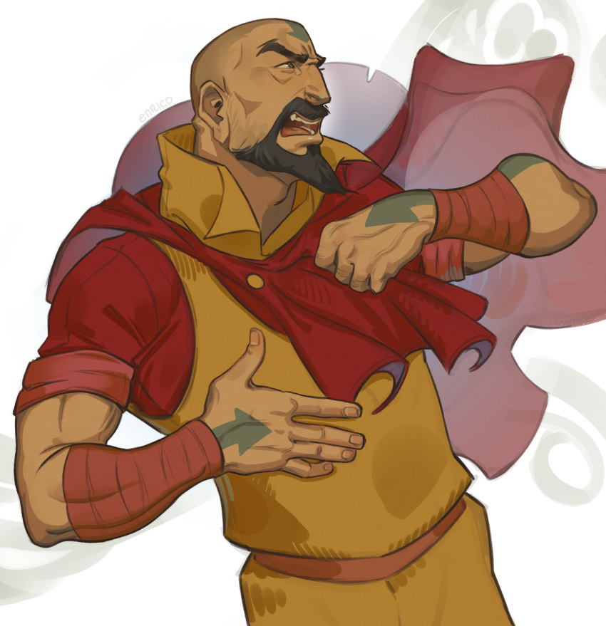 1boy, absurdres, arm_tattoo, arm_wrap, avatar_legends, bald, beard, capelet, enri_(ceinordraws), facial_hair, full_beard, head_tattoo, highres, long_beard, long_earlobes, looking_to_the_side, male_focus, mature_male, open_mouth, red_capelet, simple_background, solo, tattoo, tenzin_(legend_of_korra), the_legend_of_korra, thick_eyebrows, toned, toned_male, upper_body, white_background