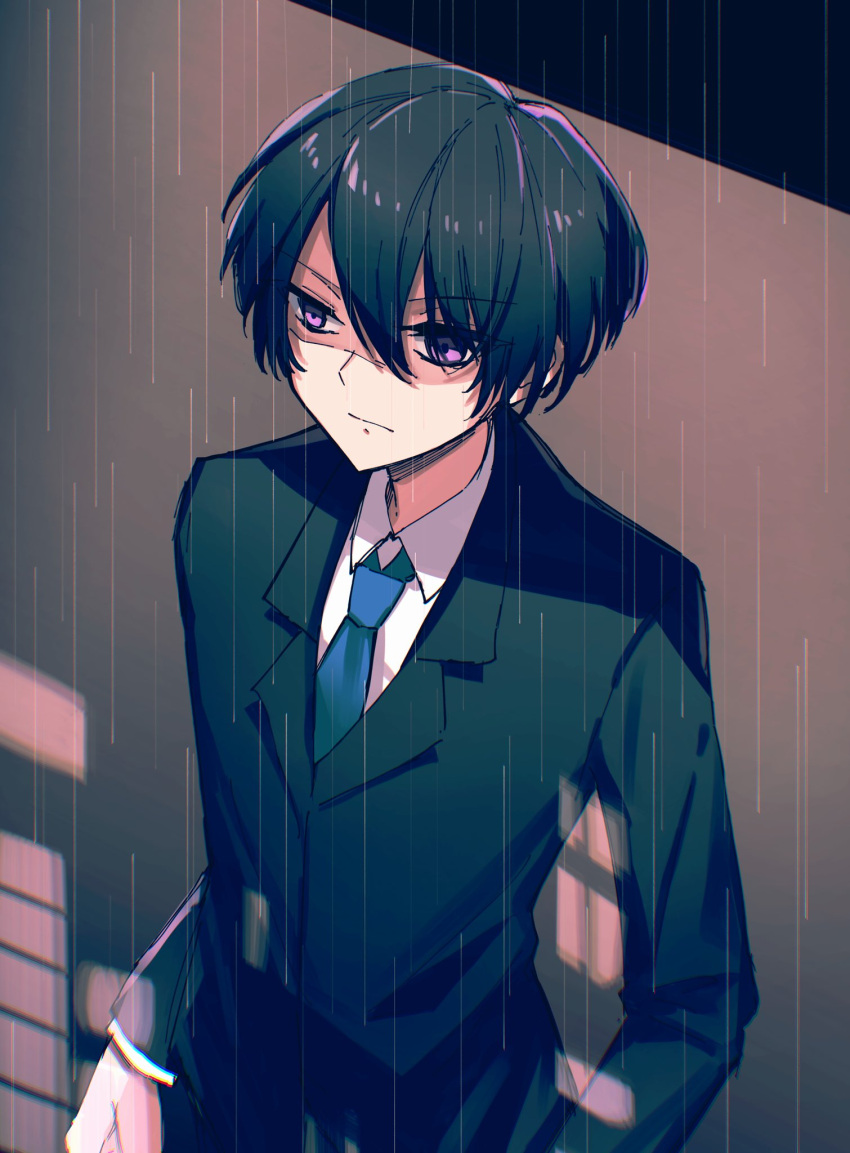1boy, black_hair, black_jacket, black_sheep_town, blue_necktie, boukensha_c, character_request, check_copyright