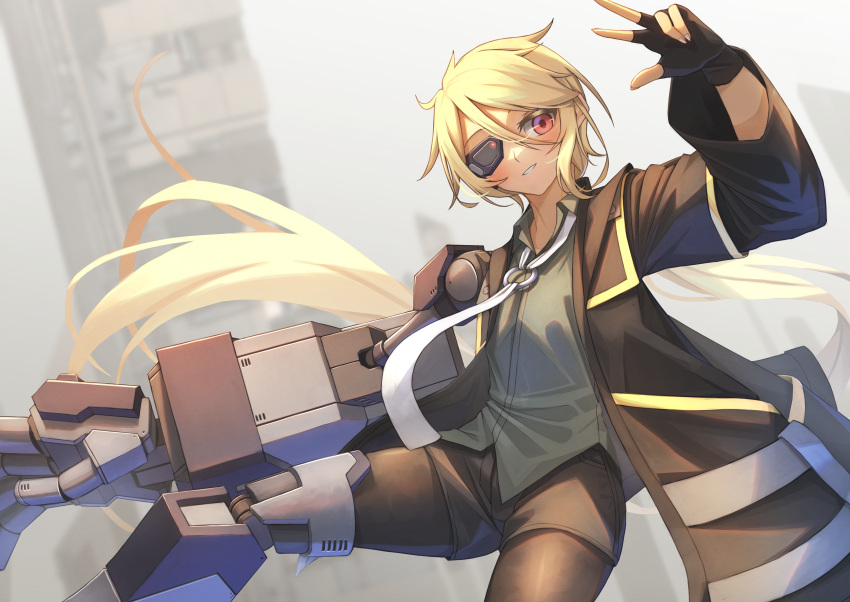 1girl, absurdres, blonde_hair, coat, fingerless_gloves, flat_chest, gloves, green_shirt