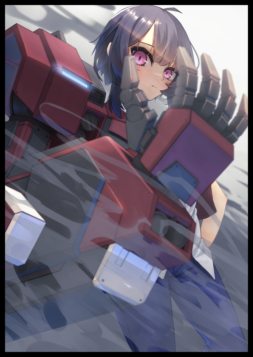 1girl, absurdres, ahoge, blue_hair, blue_pants, expressionless, hand_on_own_hip, highres
