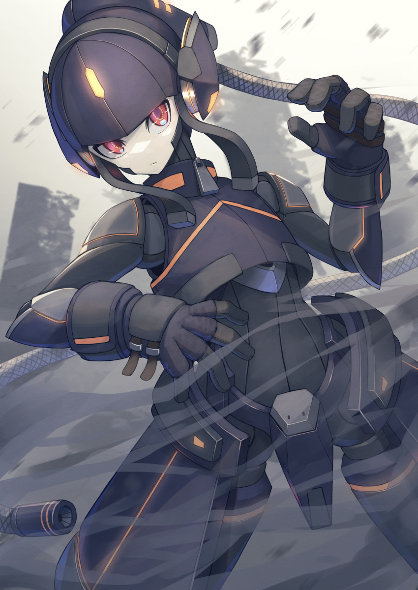 1girl, absurdres, armor, black_hair, cable_hair, colored_skin, expressionless, fingerless_gloves