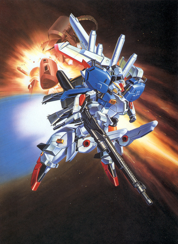 1980s_(style), artist_request, battle, beam_rifle, destruction, energy_gun, ex-s_gundam, explosion