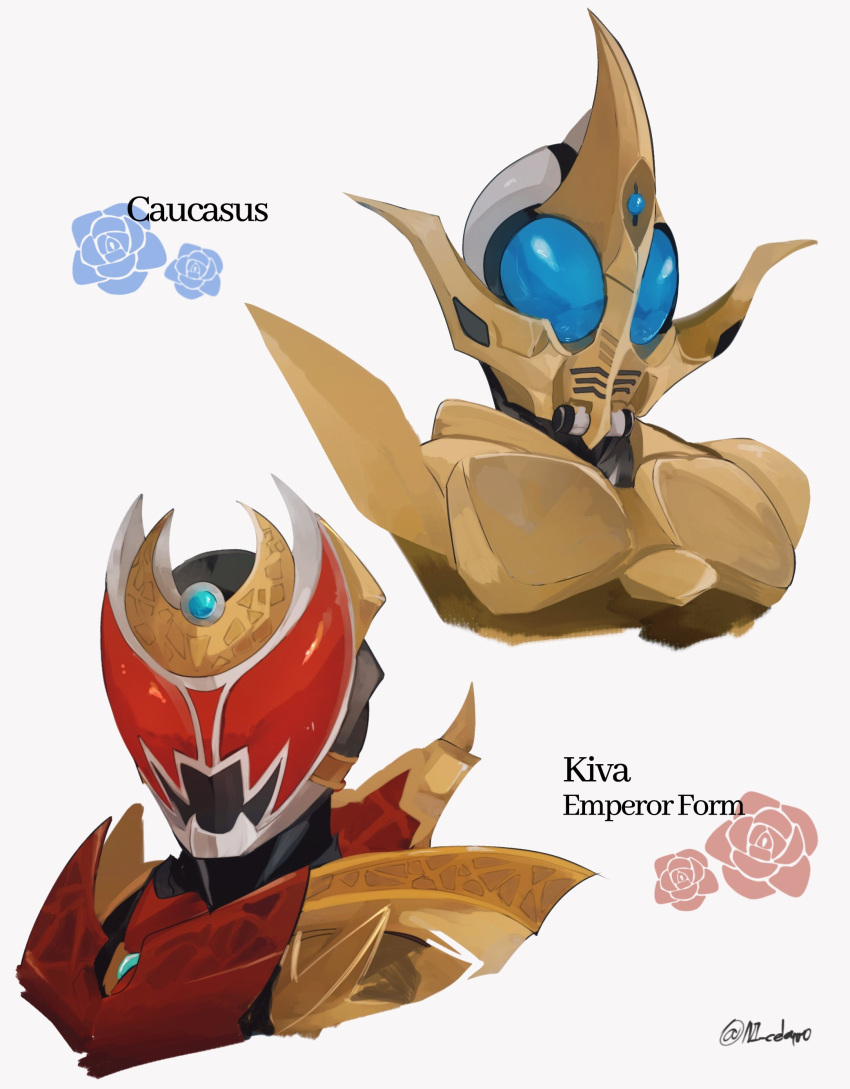 2boys, absurdres, armor, blue_flower, blue_rose, compound_eyes, crescent, flower