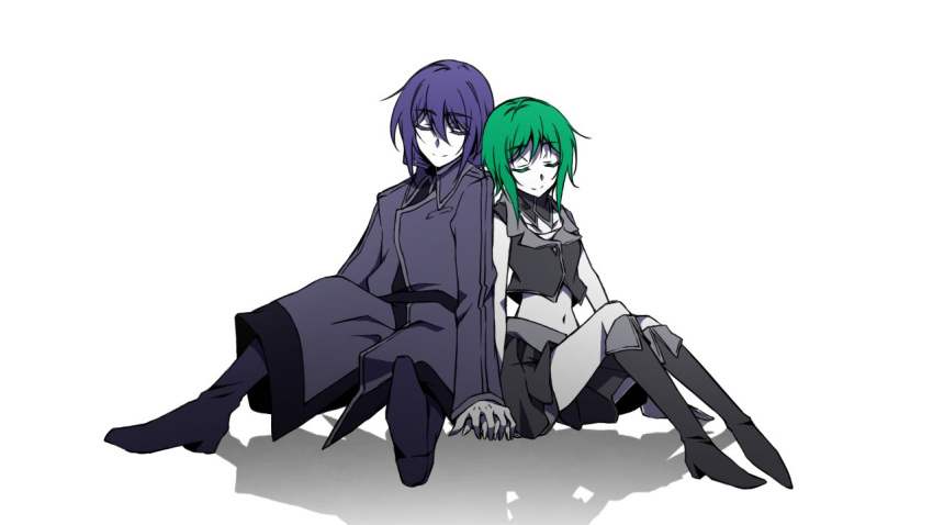 1boy, 1girl, bare_shoulders, black_footwear, boots, closed_eyes, collar, collared_jacket