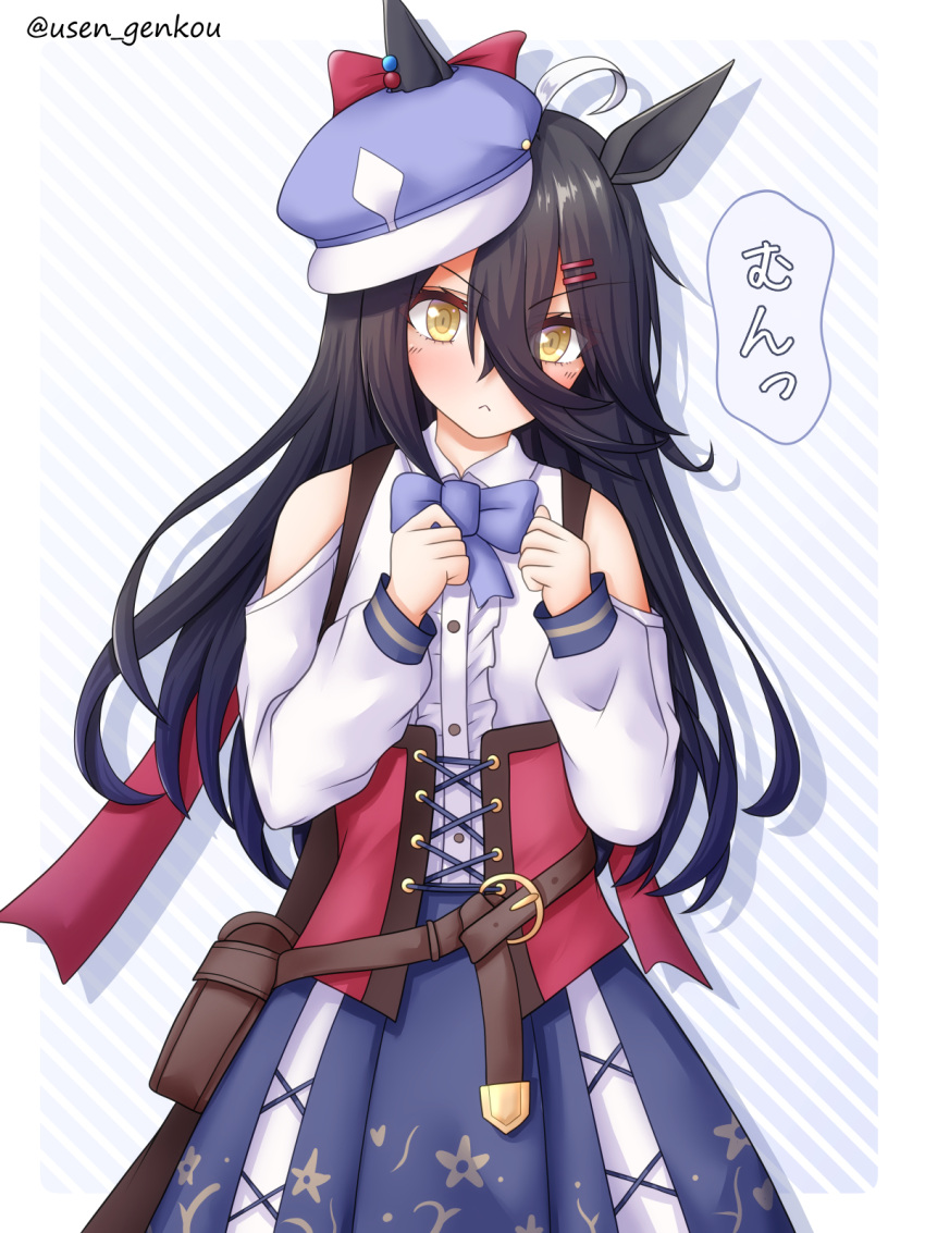 1girl, :<, alternate_costume, animal_ears, belt_bag, black_hair, clenched_hands, clothing_cutout
