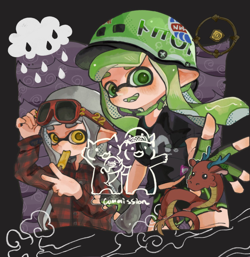 2girls, bicycle_helmet, black_border, black_gloves, black_shirt, border, commission, dragon