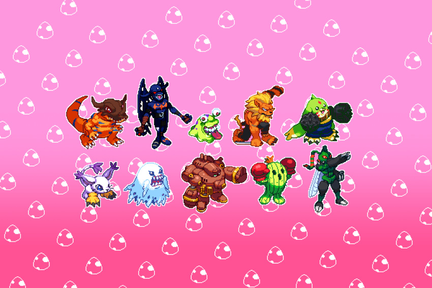 absurdres, arm_cannon, bakemon, black_bodysuit, black_pants, blue_eyes, blue_pants, body_fur, bodysuit, boxing_gloves, cactus, cat, colored_skin, demon, devimon, digimon, digimon_(creature), digitama, dinosaur, dual_arm_cannons, egg, galgomon, ghost, gloves, greymon, guardromon, gun, henshin_pose, highres, holding, holding_sword, holding_weapon, horns, humanoid_robot, kamen_rider, kamen_rider_(1st_series), leomon, lion, machine_gun, numemon, orange_fur, orange_skin, pants, pink_background, pixel_art, red_eyes, red_gloves, robot, single_horn, stingmon, sword, tailmon, ticosanchezz, togemon, weapon, white_fur