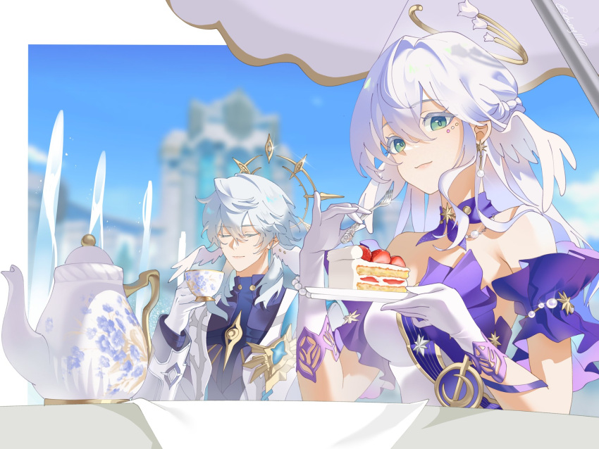 1boy, 1girl, aqua_eyes, asymmetrical_gloves, bare_shoulders, blurry, blurry_background, bracelet