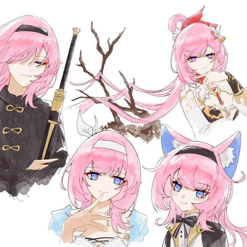 animal_ears, bell, black_bow, black_bowtie, black_hairband, black_shirt, blue_eyes, bow