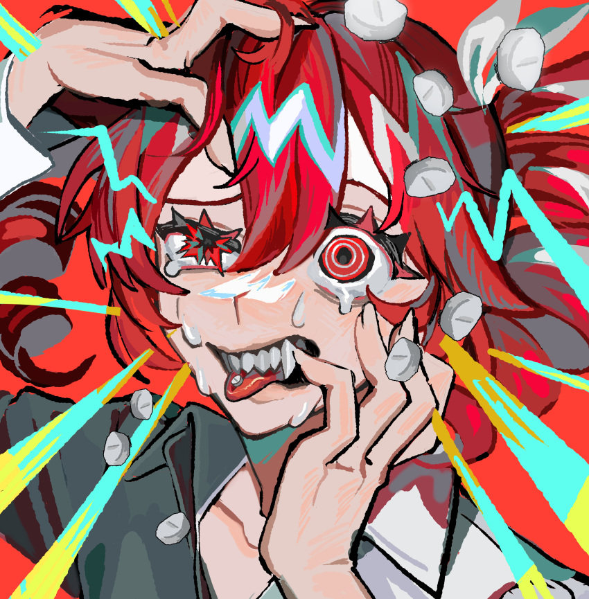 1girl, absurdres, alternate_costume, asymmetrical_eyes, ataman_ita_(synthesizer_v), bags_under_eyes, clutching_head, collared_shirt