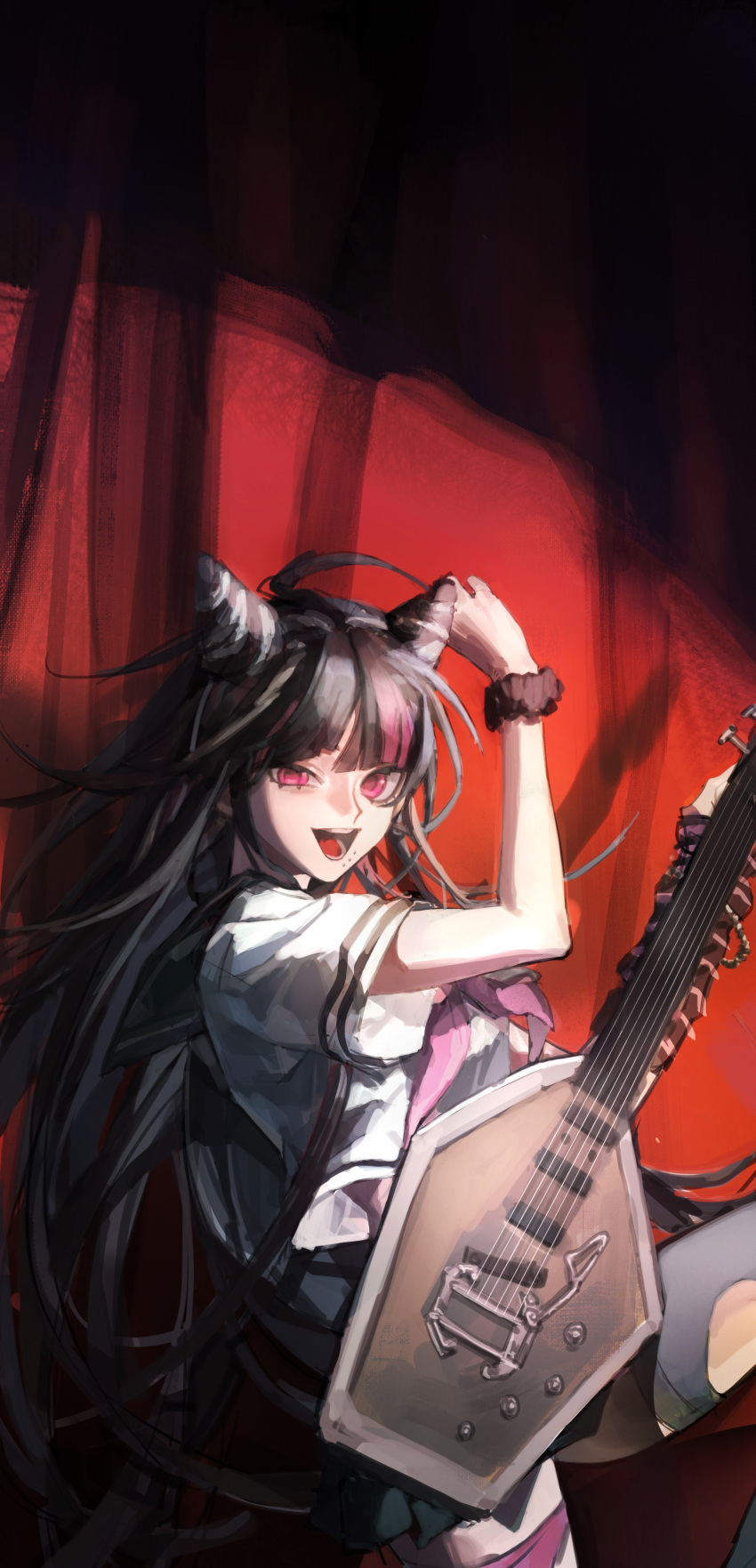 1girl, :d, absurdres, ahoge, asymmetrical_legwear, black_hair, black_scrunchie, blue_hair, chinese_commentary, commentary_request, curtains, danganronpa_(series), danganronpa_2:_goodbye_despair, green_thighhighs, guitar, hand_up, highres, horns, instrument, long_hair, miniskirt, mioda_ibuki, mismatched_legwear, multicolored_hair, music, pink_eyes, pink_hair, pink_thighhighs, playing_instrument, scrunchie, shirt, short_sleeves, skirt, smile, solo, tallplaycold, teeth, thigh-highs, torn_clothes, torn_thighhighs, white_hair, white_shirt, wrist_scrunchie