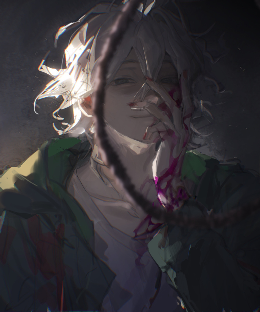 1boy, blood, blood_on_hands, chinese_commentary, closed_mouth, collarbone, commentary_request, danganronpa_(series)