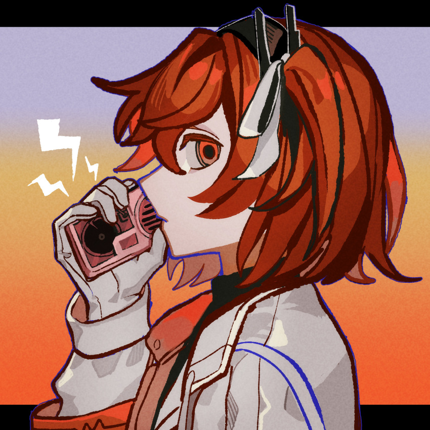 1girl, a.i._voice, absurdres, adachi_rei, black_shirt, blue_background, cassette_player, closed_mouth, commentary, empty_eyes, expressionless, from_side, gloves, gradient_background, hair_ribbon, highres, holding, jacket, kirin_joumuin, letterboxed, lightning_bolt_symbol, long_sleeves, looking_at_viewer, looking_to_the_side, netsu_ijou_(utau), one_side_up, open_clothes, open_jacket, orange_background, orange_eyes, orange_hair, outside_border, profile, ribbon, shirt, solo, two-tone_background, upper_body, utau, white_gloves, white_jacket, white_ribbon
