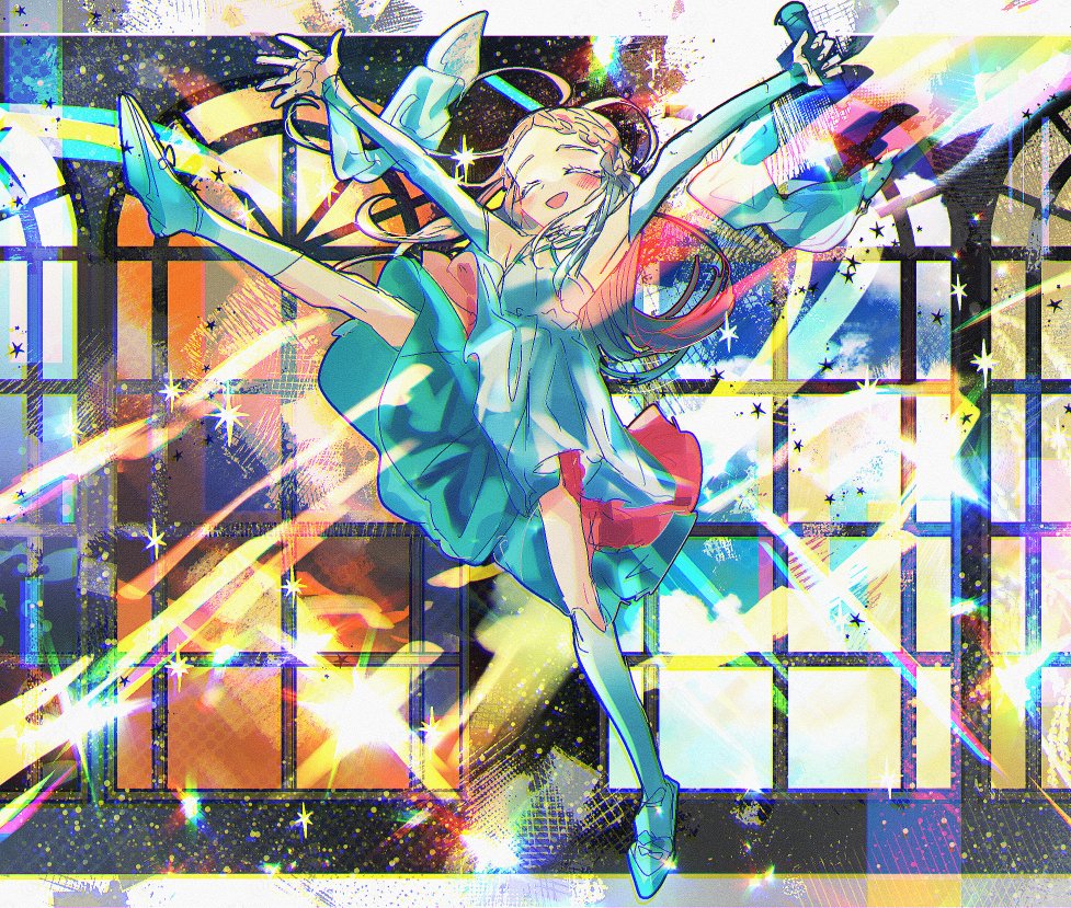 1girl, arms_up, blush, boots, closed_eyes, detached_sleeves, dress, gakuen_idolmaster