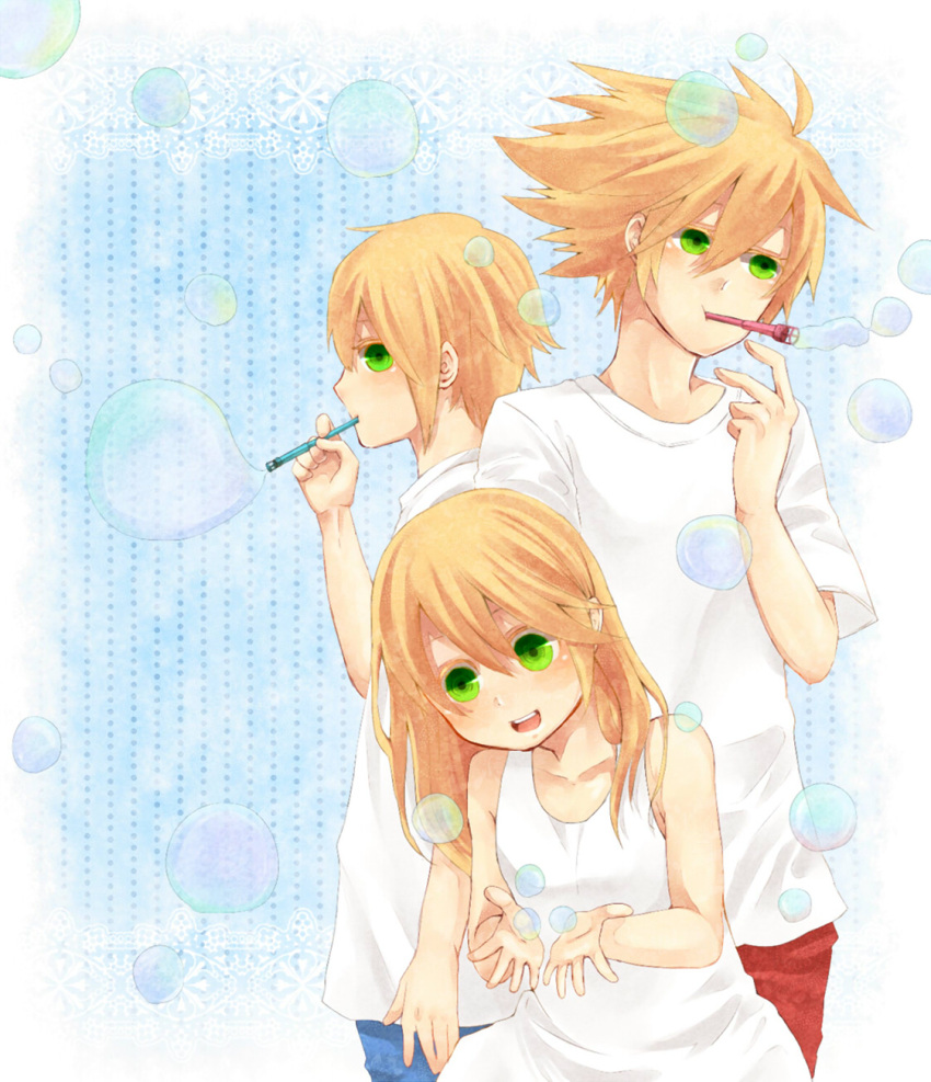 blonde_hair, bubble, bubble_blowing, green_eyes, highres, jin_kisaragi, ragna_the_bloodedge, saya_(blazblue)