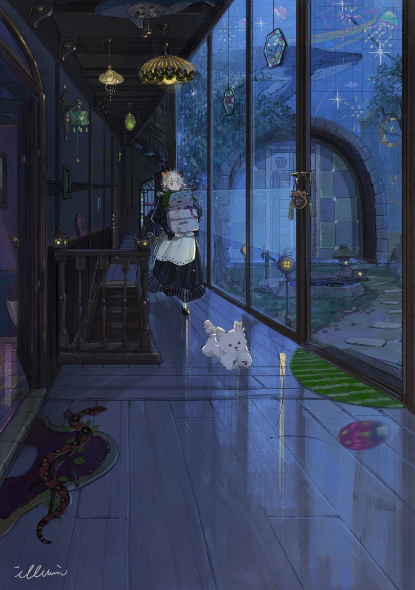 1girl, absurdres, animal, animal_ears, artist_name, black_dress, black_footwear, blue_eyes