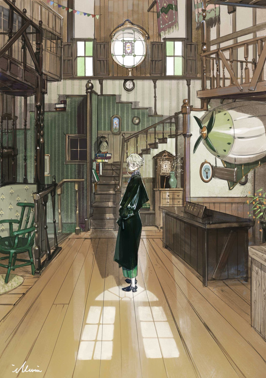 1boy, artist_name, black_footwear, blonde_hair, boat_(tableware), book, bookshelf, carpet