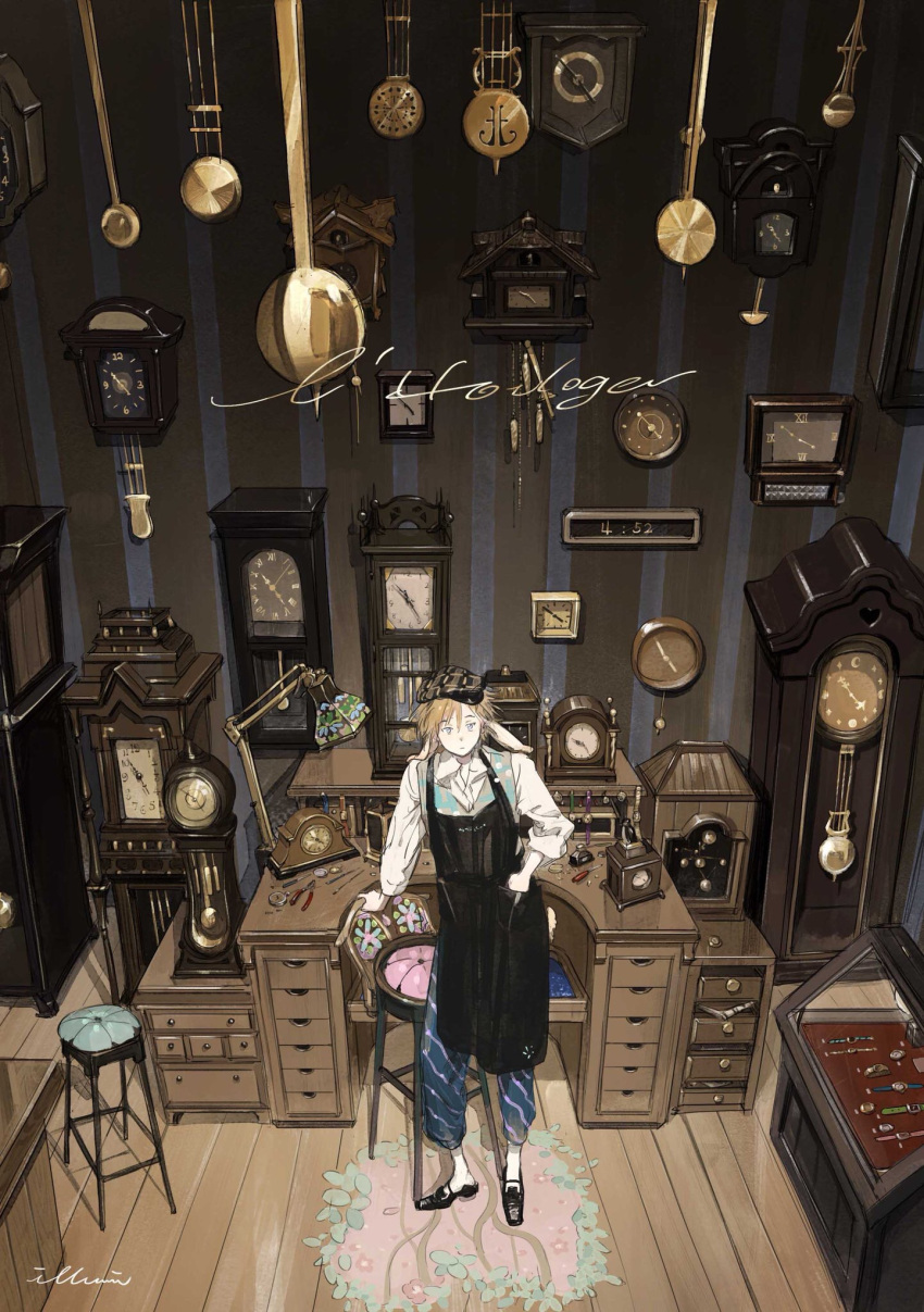 1boy, analog_clock, animal_ears, artist_name, black_footwear, blonde_hair, blue_eyes, carpet, chair, clock, closed_eyes, closet, cuckoo_clock, digital_clock, floppy_ears, hand_in_pocket, hat, highres, illumi999, lamp, loaded_interior, looking_up, male_focus, original, pale_skin, patterned_clothing, pendulum_clock, pliers, pocket_watch, rabbit_ears, roman_numeral, screwdriver, serious, shirt, short_hair, signature, solo, standing, stool, table, too_many_clocks, wall_clock, watch, watch, white_shirt, wooden_floor