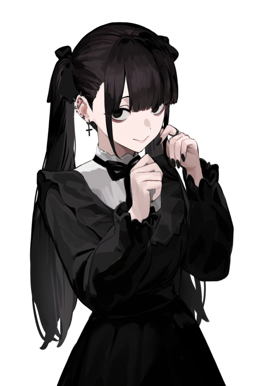 1girl, bags_under_eyes, batiao_zhai, black_bow, black_dress, black_eyes, black_hair, black_nails