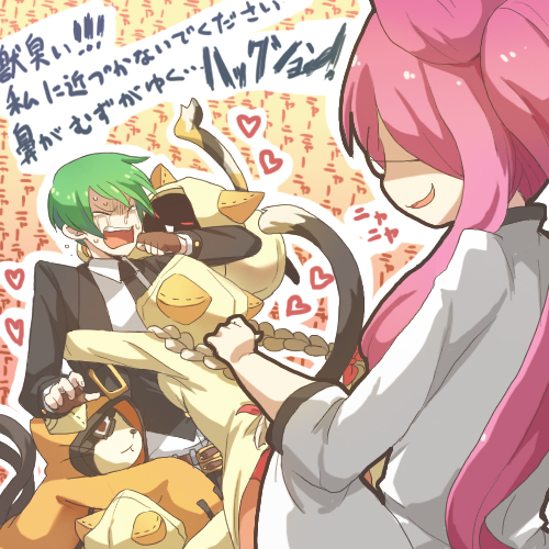 animal_ears, blazblue, blonde_hair, bosutafu, braid, cat_ears, cat_tail, green_hair, hazama, jubei_(blazblue), kaka_kittens, kokonoe, pink_hair, tail, taokaka, tears, translation_request