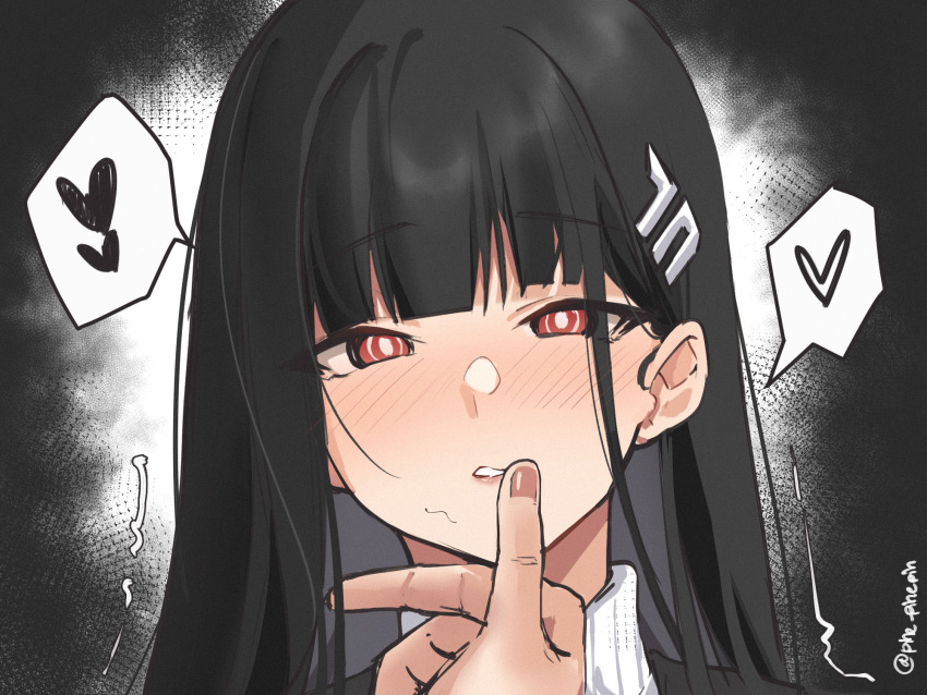 1girl, 1other, black_hair, blue_archive, blush, hair_ornament, hairpin, heart, highres, long_hair, looking_at_viewer, open_mouth, pinepin, portrait, red_eyes, ribbed_sweater, ringed_eyes, rio_(blue_archive), solo_focus, spoken_heart, sweater, twitter_username, white_sweater