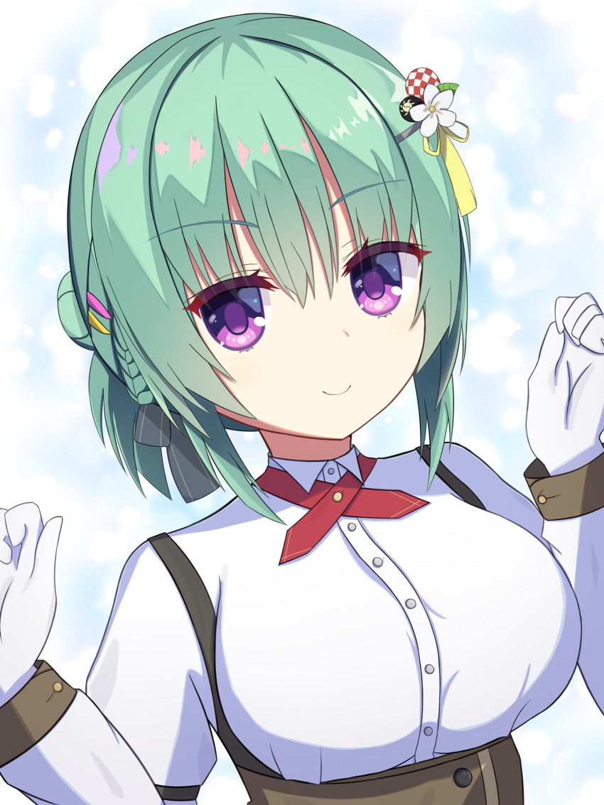 1girl, black_ribbon, blue_background, braid, breasts, bright_pupils, closed_mouth, colored_eyelashes