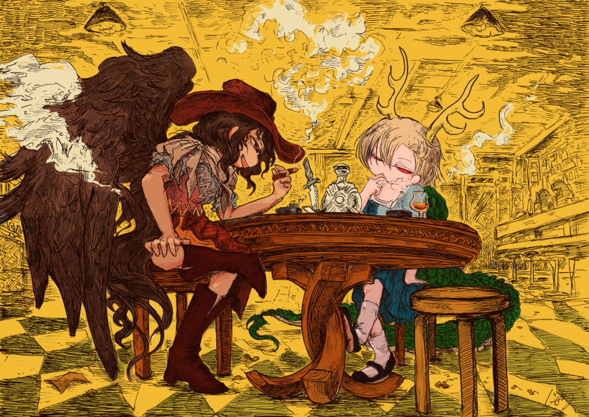 antlers, bandana, black_wings, blue_shirt, boots, cowboy_boots, cowboy_hat, dragon_girl