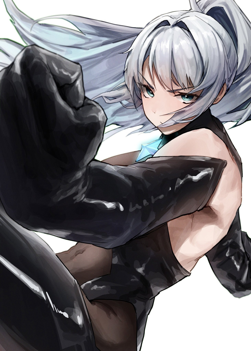 1girl, aqua_eyes, arms_up, black_ark_ranger_(nikke), black_bodysuit, bodysuit, clenched_hand, covered_navel