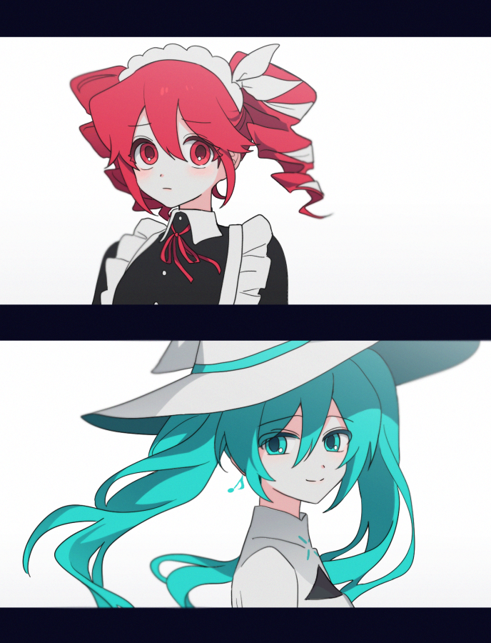 2girls, bbunny, black_dress, blue_eyes, blue_hair, closed_mouth, dress, drill_hair, hat, hatsune_miku, kasane_teto, kasane_teto_(sv), long_hair, long_sleeves, looking_at_another, lower_(vocaloid), maid, maid_headdress, multiple_girls, musical_note_earrings, neck_ribbon, pink_eyes, pink_hair, pink_ribbon, ribbon, sidelocks, simple_background, smile, synthesizer_v, twin_drills, twintails, upper_body, utau, very_long_hair, vocaloid, white_background, white_hat, witch_hat