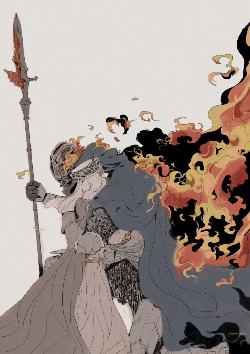 1boy, 1girl, armor, blue_cape, cape, dress, elden_ring, fire