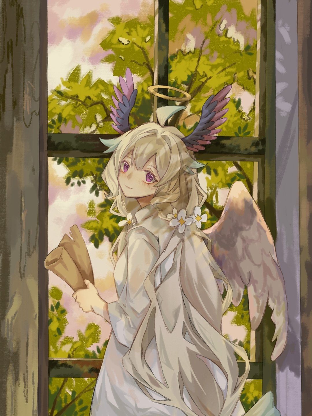 1girl, ahoge, bird_tail, blonde_hair, blush, dappled_sunlight, enna_alouette, flower, from_behind, hair_flower, hair_ornament, halo, head_wings, highres, holding, holding_scroll, kawaue7, light_smile, long_hair, looking_at_viewer, looking_back, low_twintails, multicolored_hair, nijisanji, nijisanji_en, scroll, single_wing, solo, sunlight, tail, twintails, two-tone_hair, very_long_hair, violet_eyes, virtual_youtuber, window, wings