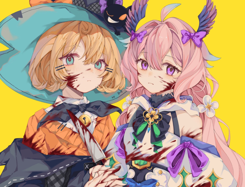 2girls, ahoge, aqua_eyes, aqua_nails, bell, blonde_hair, blood, blood_on_clothes, blood_on_face, blush, cardigan, closed_mouth, detached_sleeves, english_commentary, enna_alouette, enna_alouette_(1st_costume), hair_between_eyes, hair_intakes, hat, head_wings, highres, holding, holding_knife, jingle_bell, kawaue7, kitchen_knife, knife, light_frown, long_hair, looking_at_viewer, lucie_(millie_parfait), medium_hair, millie_parfait, millie_parfait_(1st_costume), multiple_girls, nijisanji, nijisanji_en, nose_blush, off_shoulder, orange_cardigan, simple_background, very_long_hair, violet_eyes, virtual_youtuber, wings, witch_hat, yellow_background