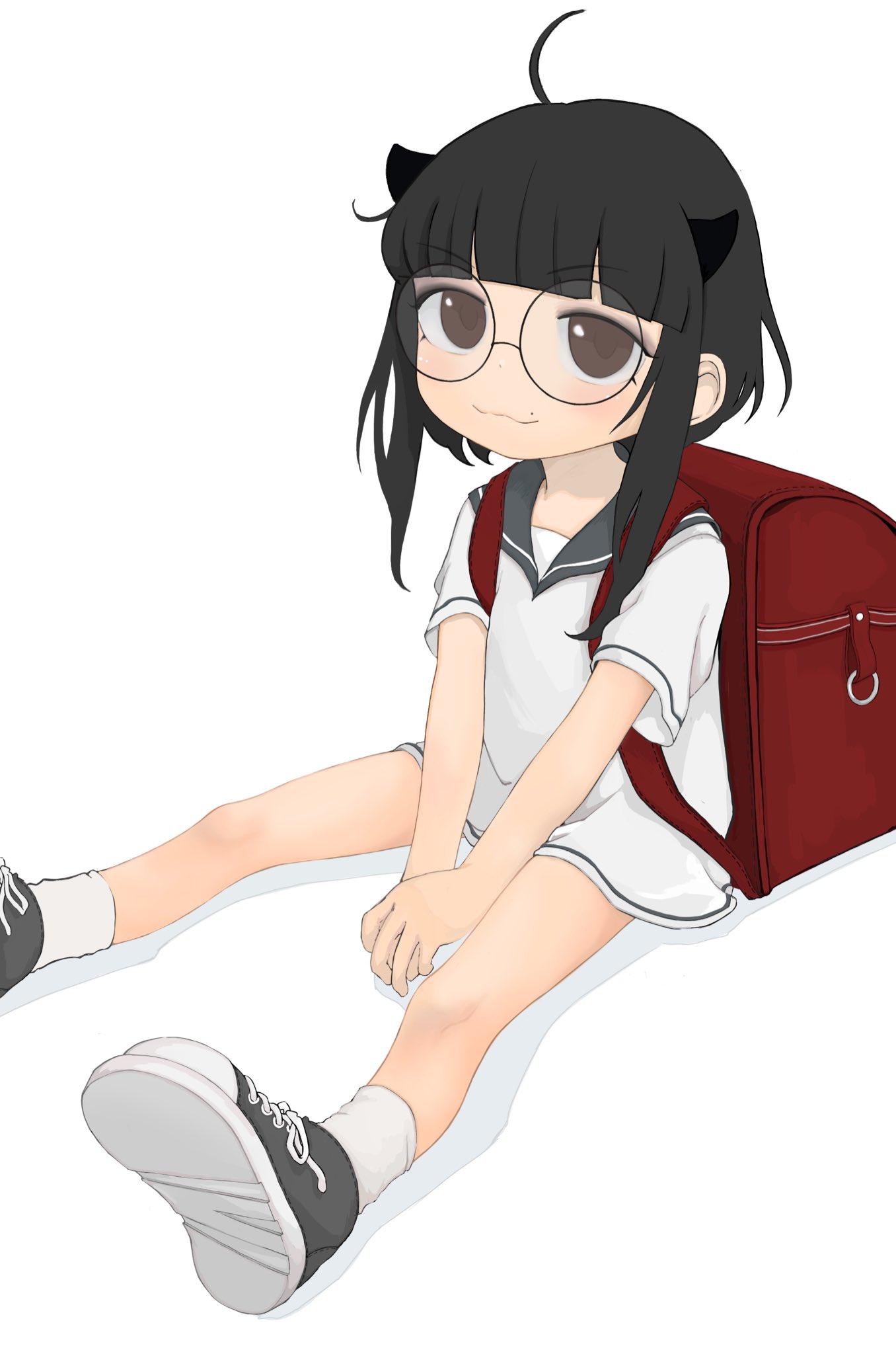 1girl, backpack, bag, black_eyes, black_hair, blush, check_copyright, commission