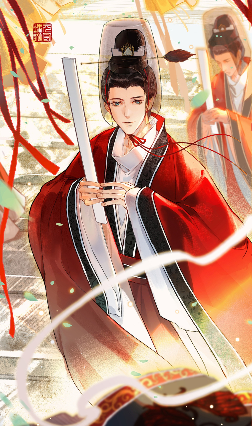 1boy, black_hair, blurry, chinese_clothes, chinese_empire, duijin_ruqun, duyou_yu_shan_shu, futou